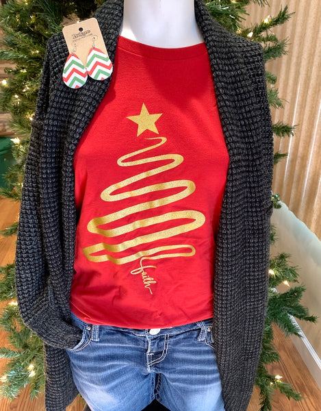 "Faith" Christmas Tree Tee, Red
