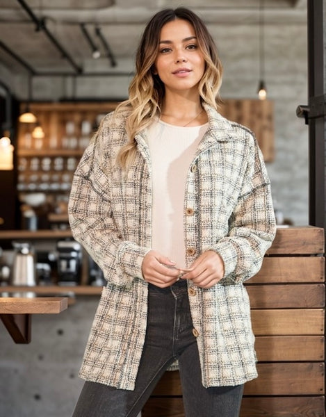 Stay In Touch Plaid Shacket, Cream/Black