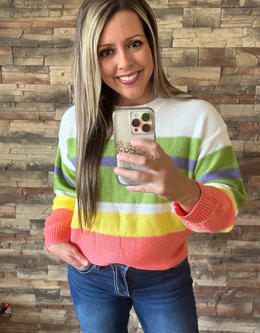 Happy Days Sweater, White/Lime Multi