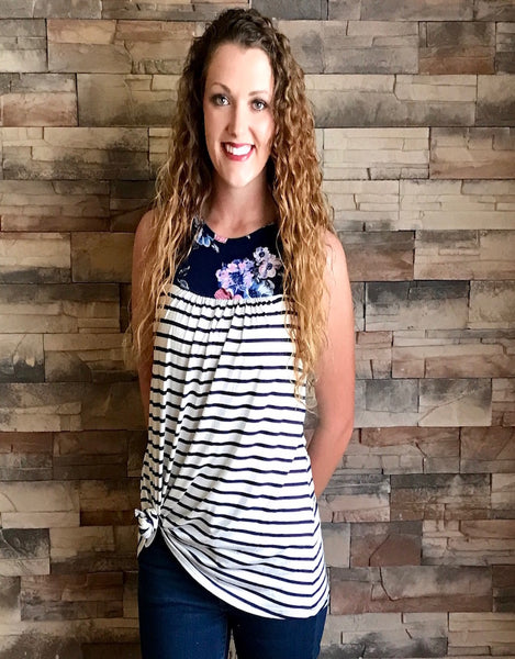 Flowers Stripes Everything Nice Tank, Navy/Ivory