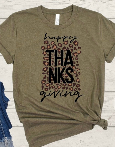 "Happy Thanksgiving" Leopard Tees, Olive or Clay