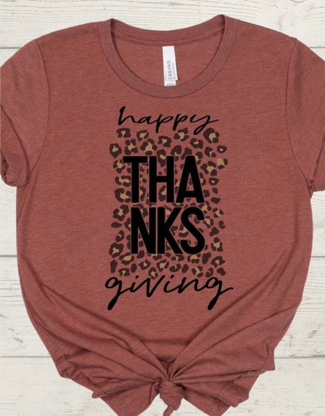 "Happy Thanksgiving" Leopard Tees, Olive or Clay