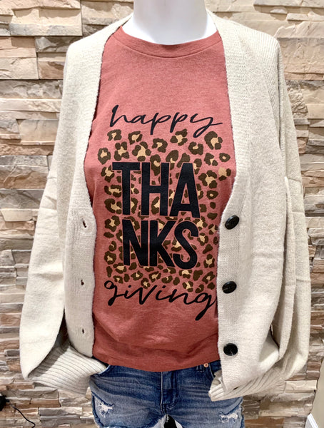 "Happy Thanksgiving" Leopard Tees, Olive or Clay