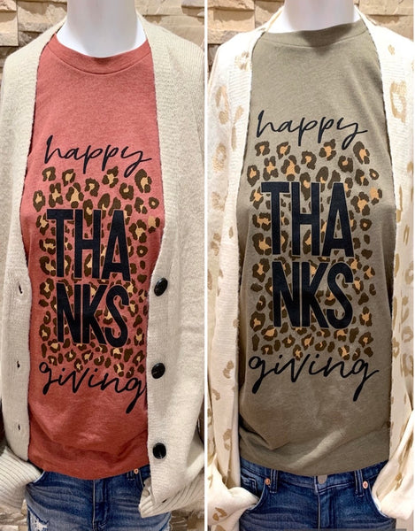 "Happy Thanksgiving" Leopard Tees, Olive or Clay