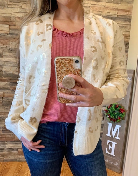 Born To Shine Cardigan, Ivory/Gold Foil